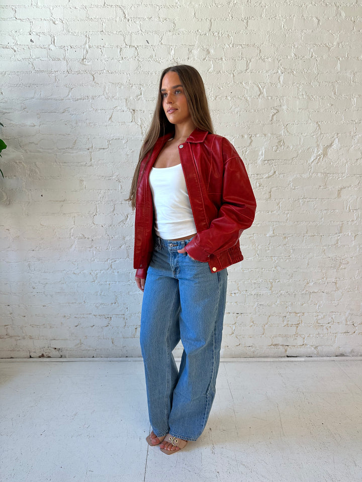 Britt Red Leather Bomber Jacket