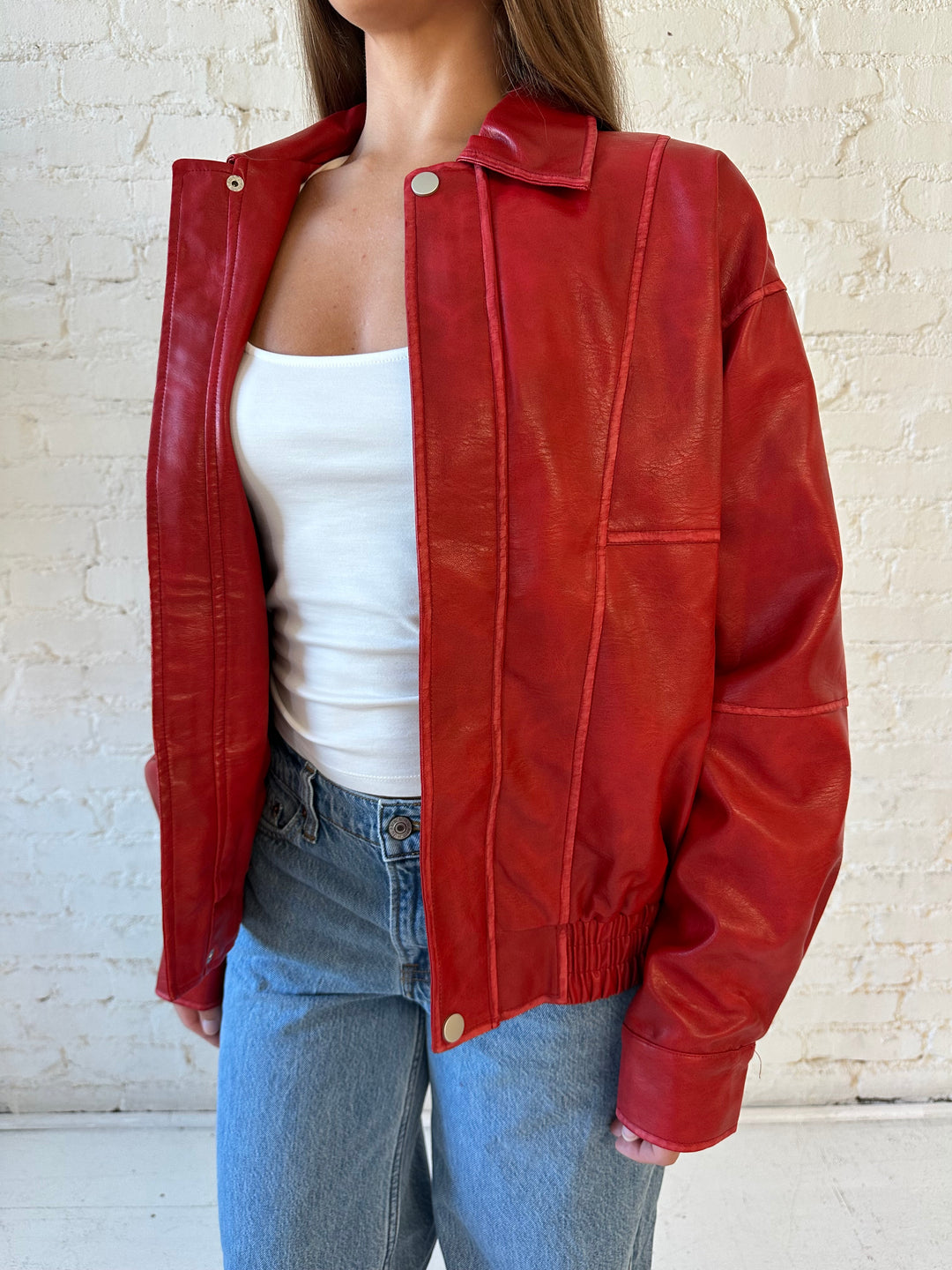 Britt Red Leather Bomber Jacket