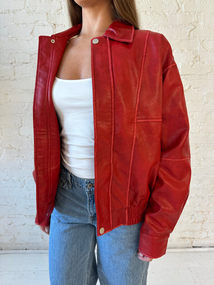 Britt Red Leather Bomber Jacket