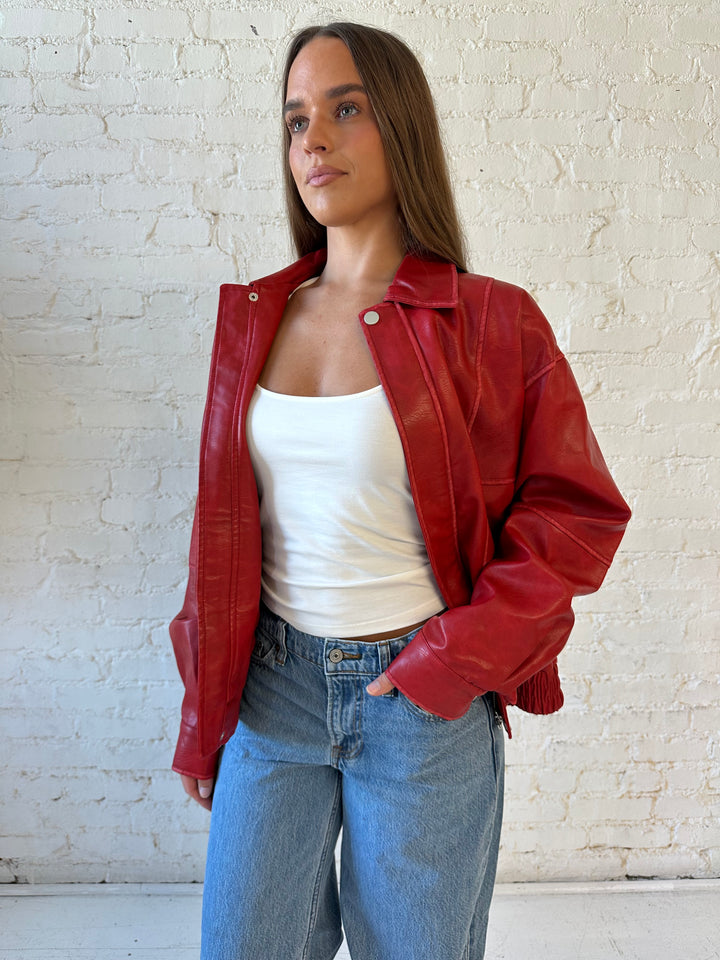Britt Red Leather Bomber Jacket