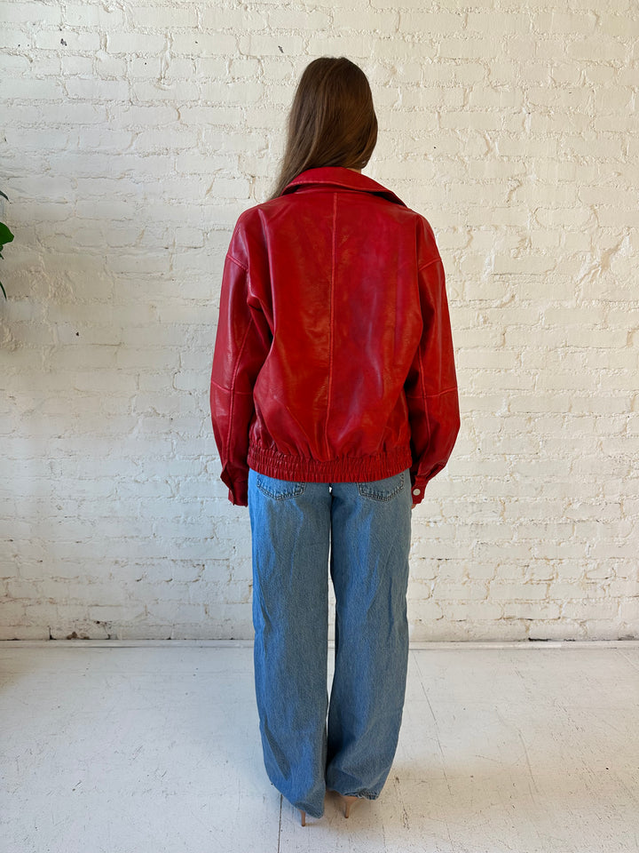 Britt Red Leather Bomber Jacket