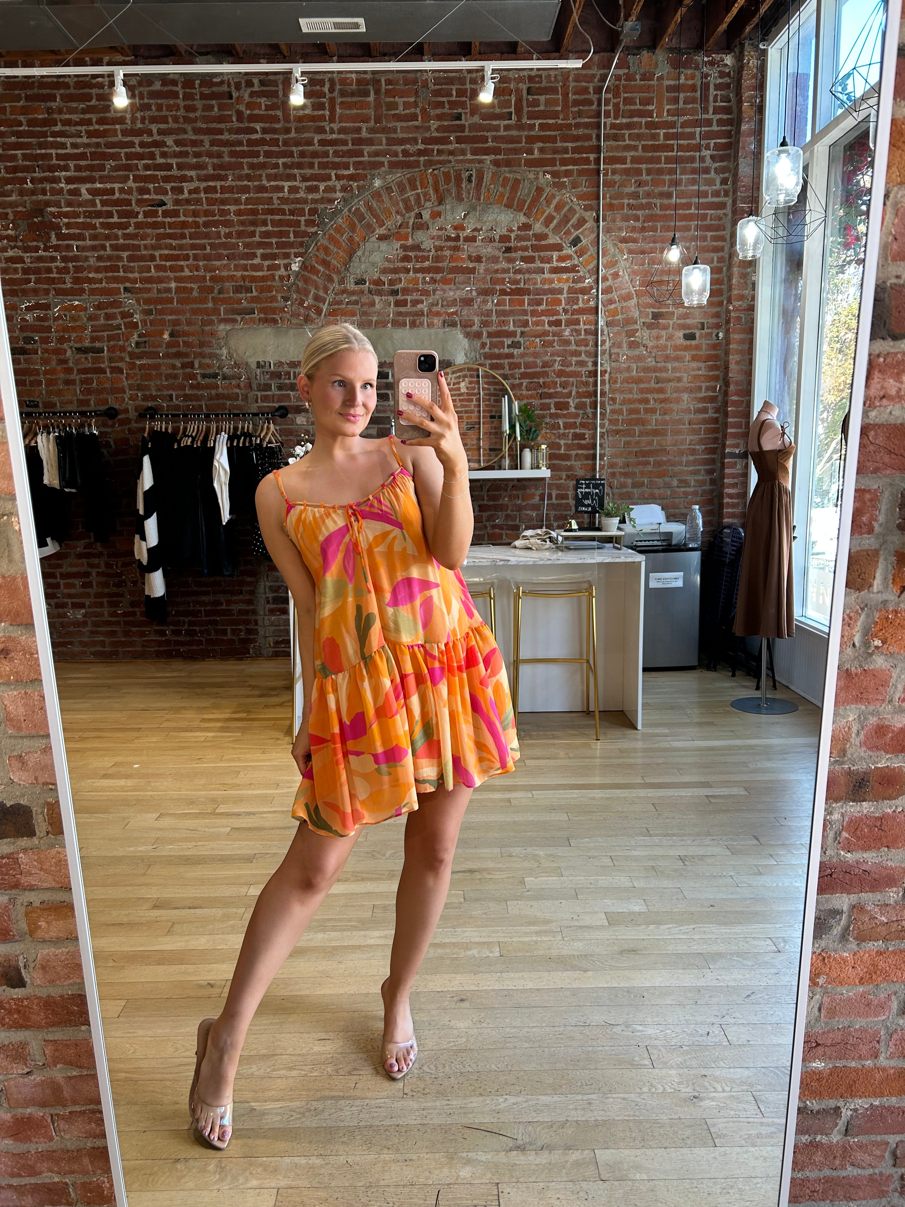 Kalia Orange Tropical Abstract Mini Dress