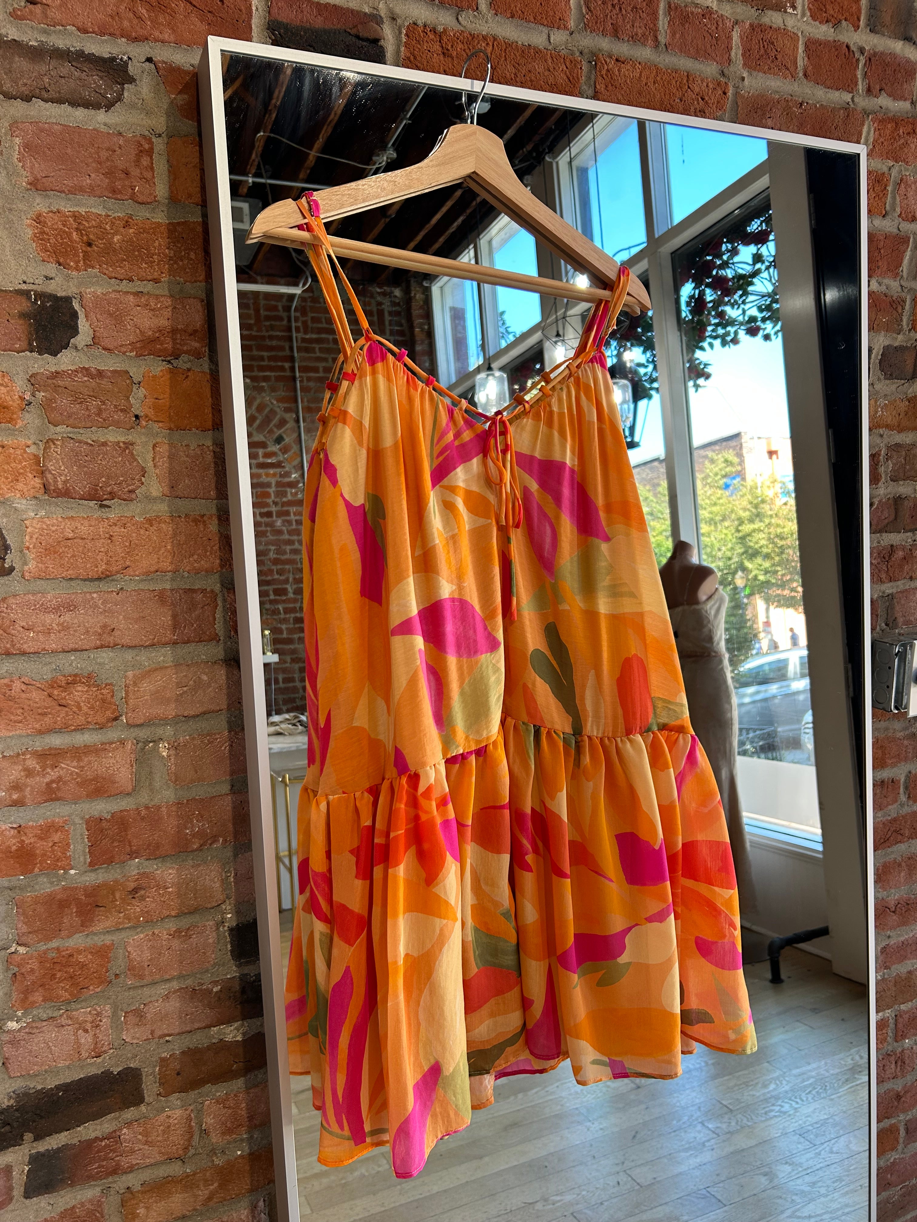 Kalia Orange Tropical Abstract Mini Dress
