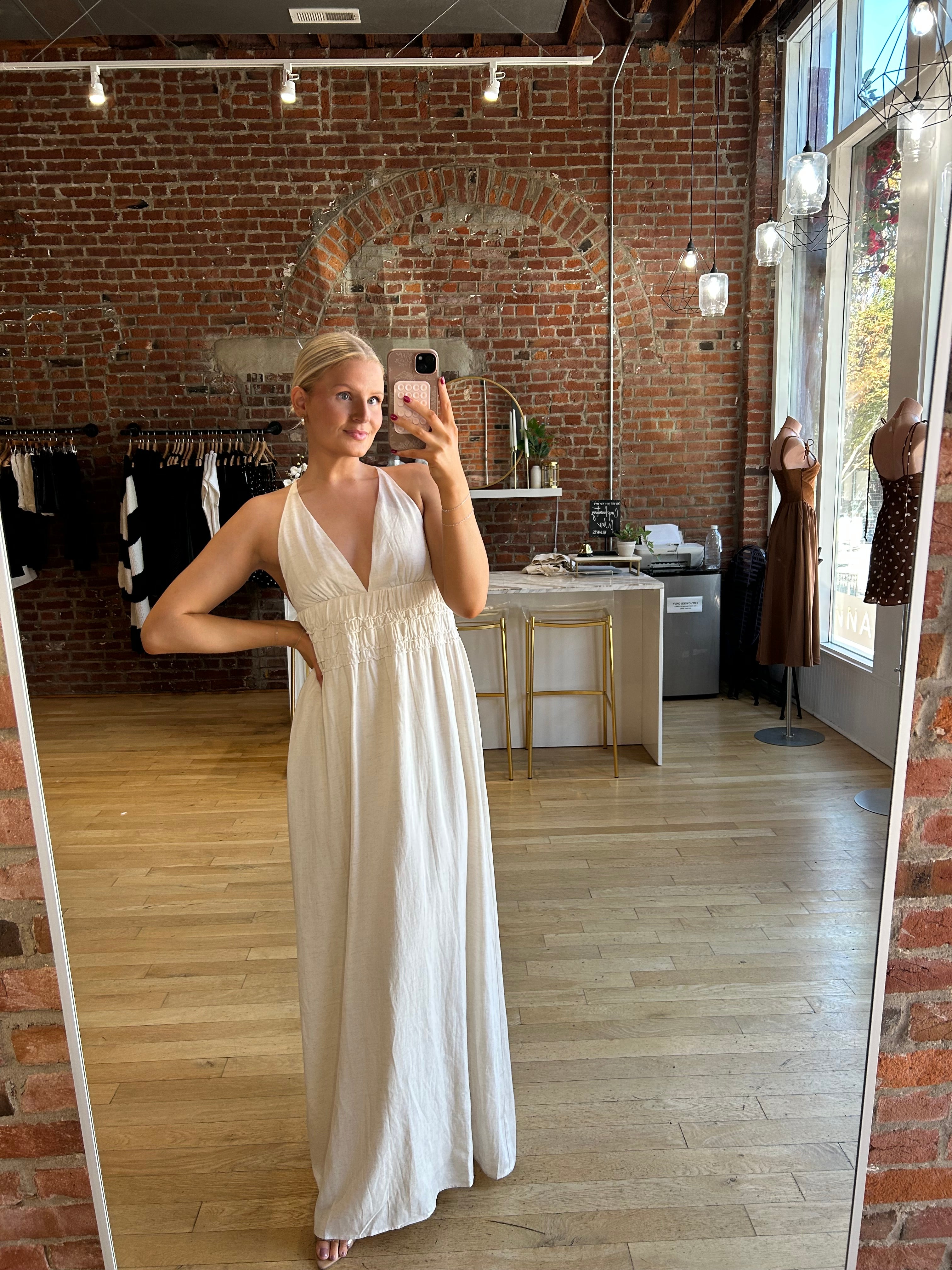 Bentley Beige Smocked Linen Maxi Dress