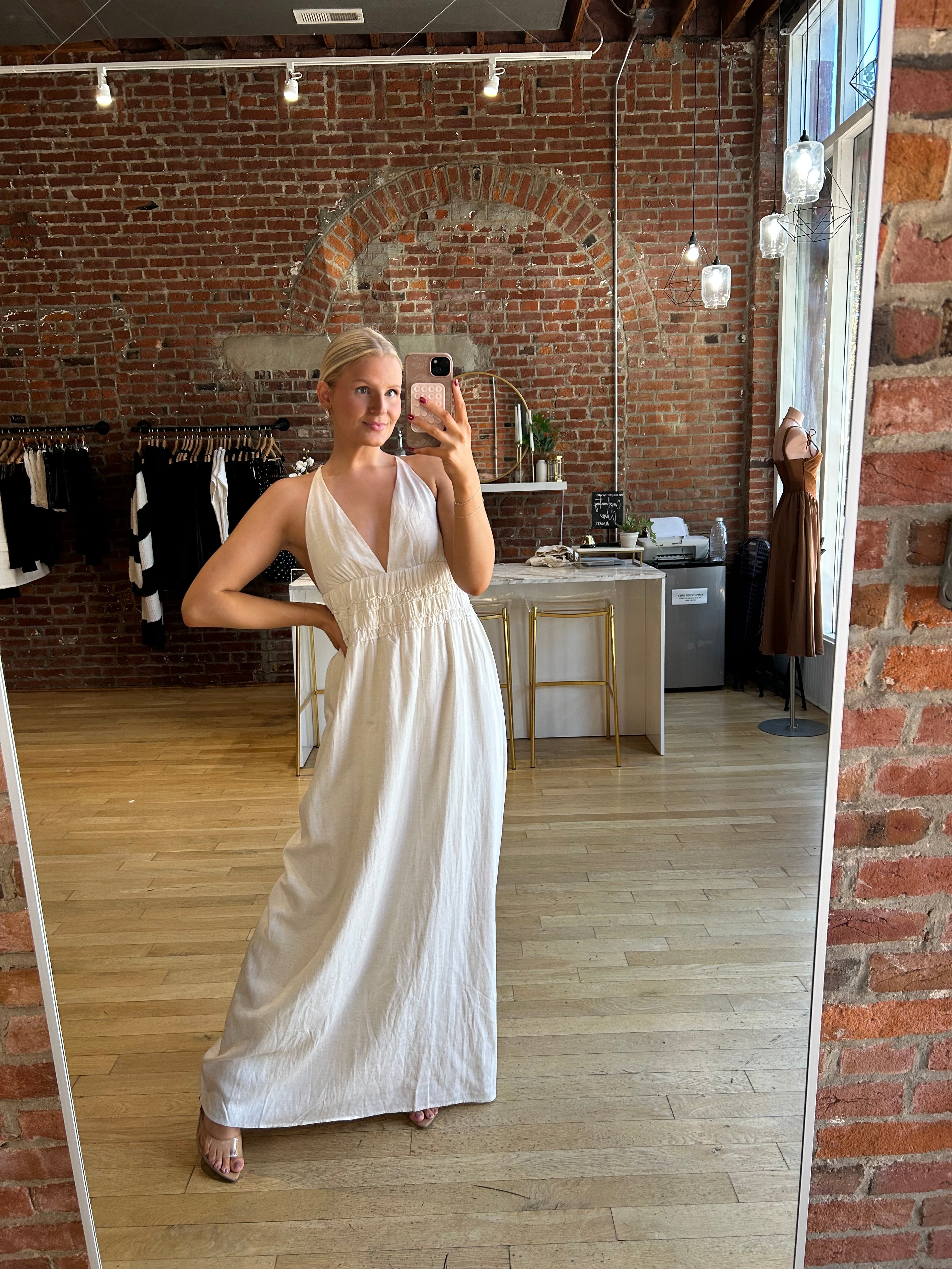 Bentley Beige Smocked Linen Maxi Dress