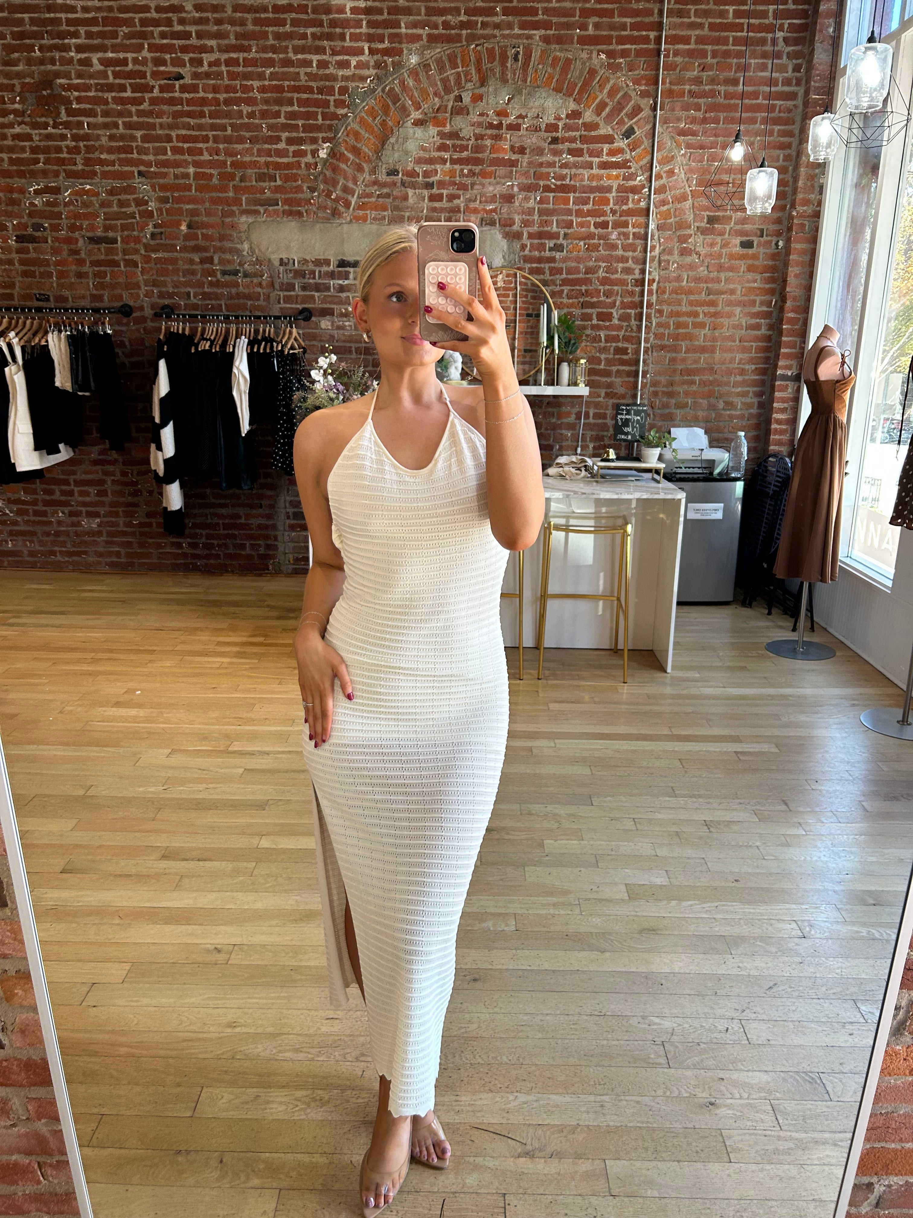 Karley Ivory Textured Halter Midi Dress