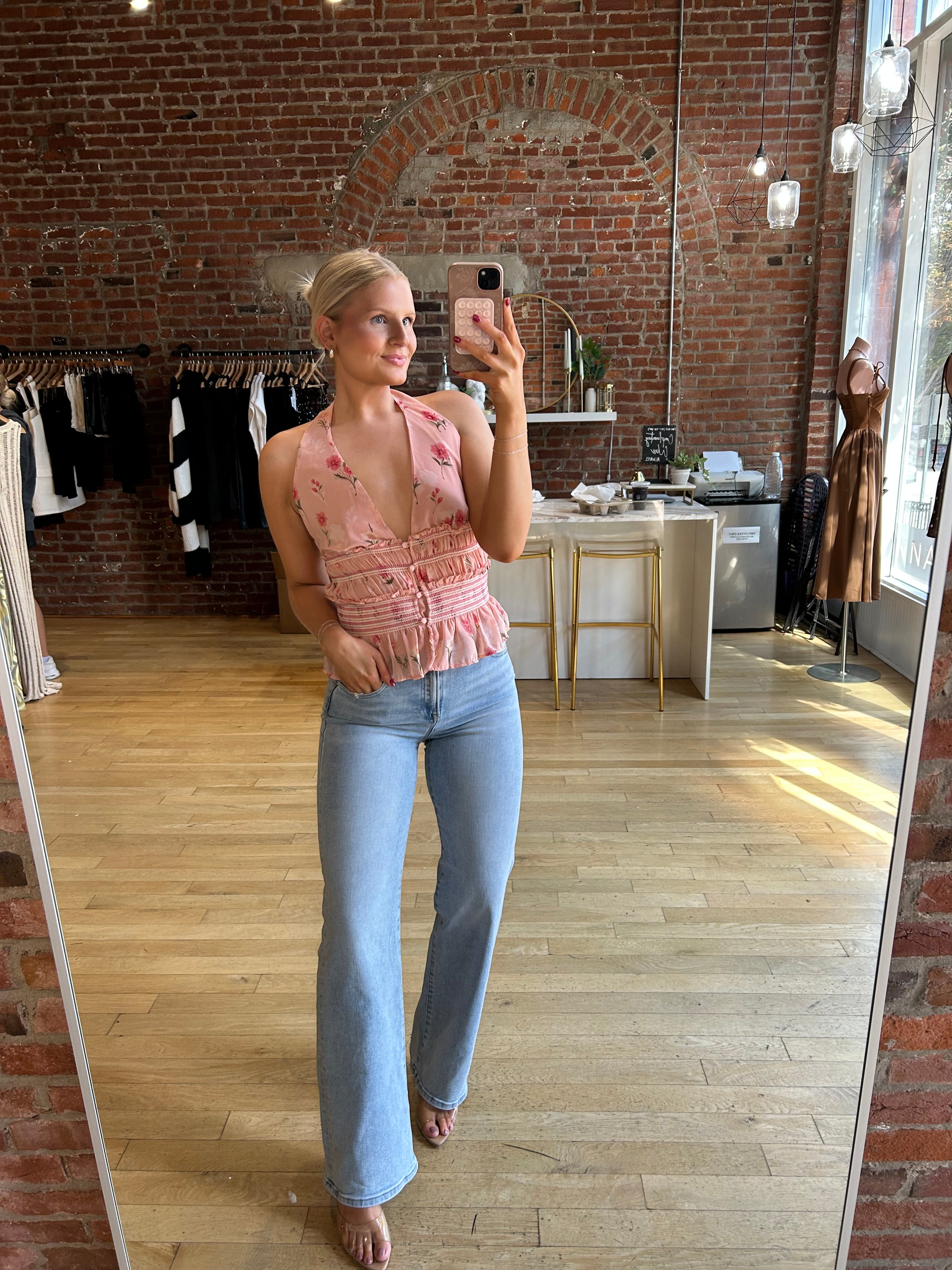 Hilary Blush Floral Ruffle Halter Neck Tank