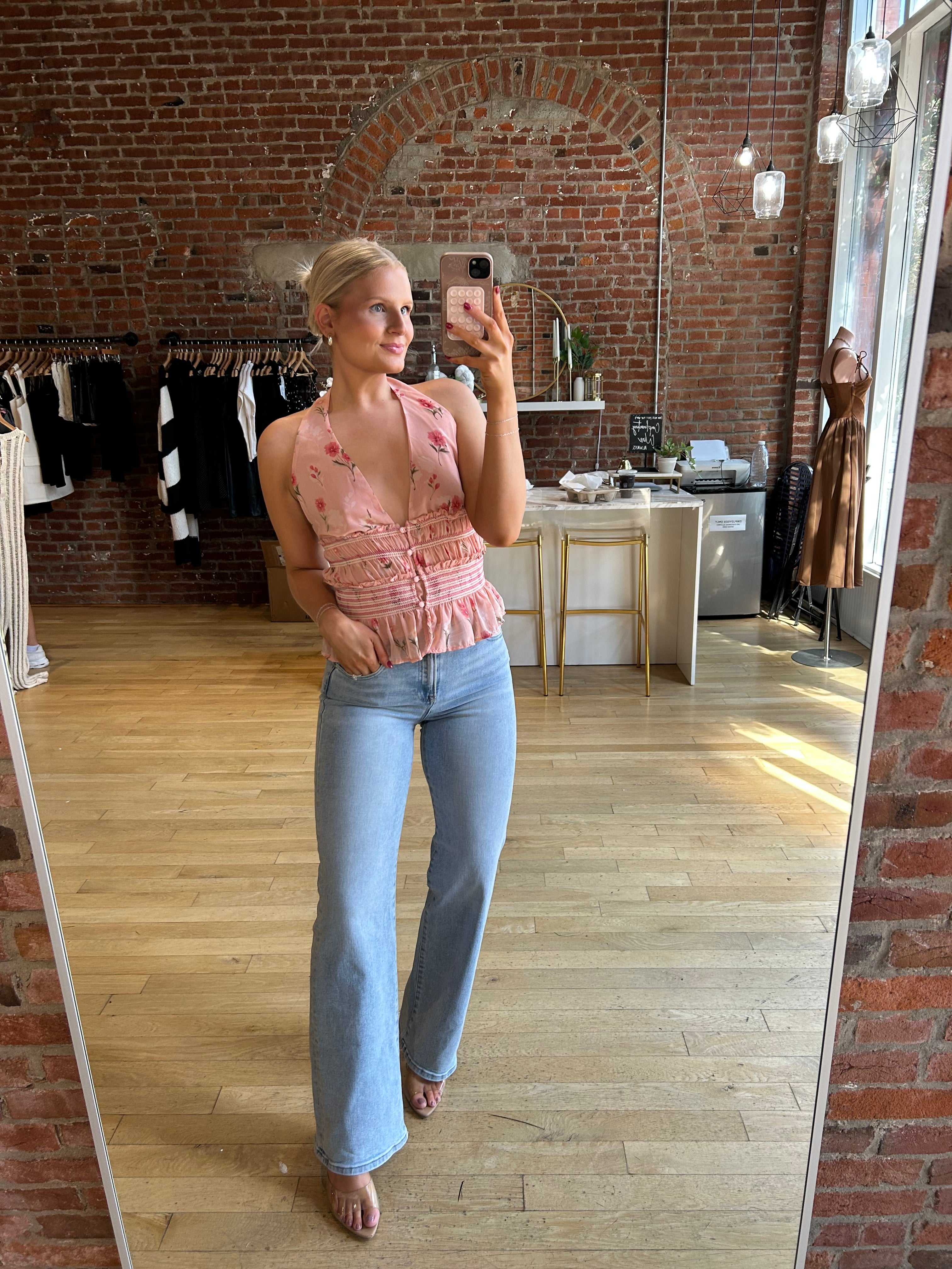 Hilary Blush Floral Ruffle Halter Neck Tank