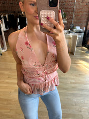 Hilary Blush Floral Ruffle Halter Neck Tank