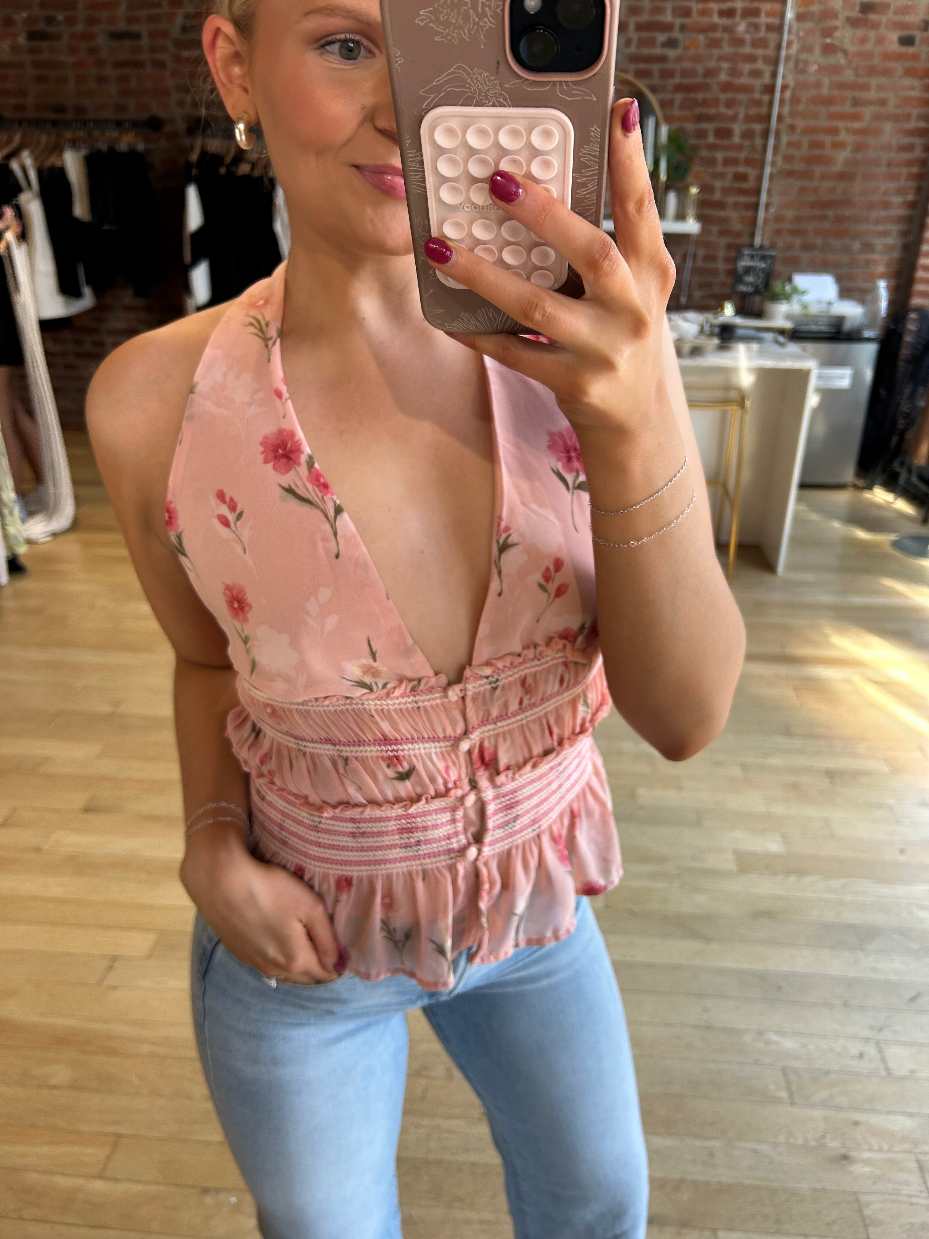 Hilary Blush Floral Ruffle Halter Neck Tank