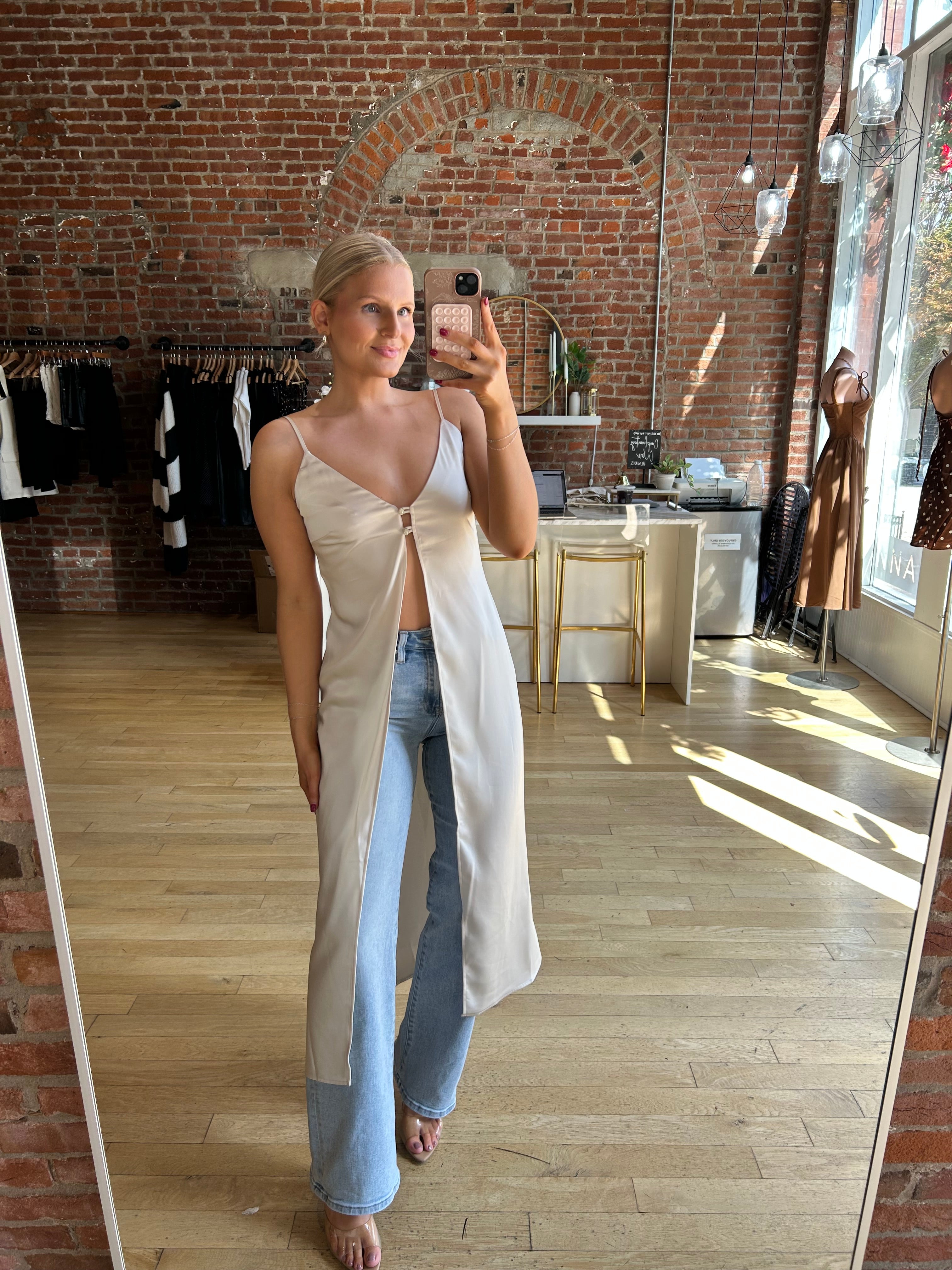 Maeve Satin Button Front Duster Top