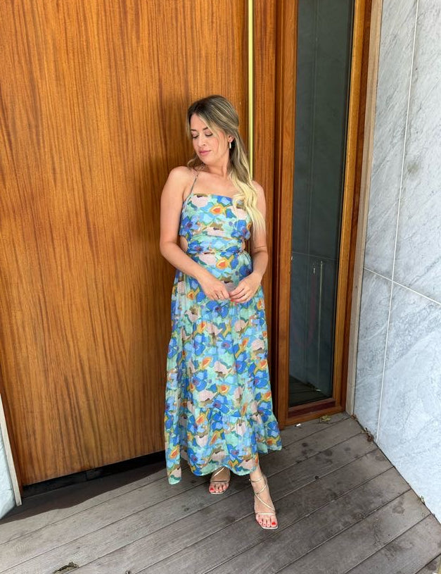 Jasmine Bright Blue Floral Flowy Midi Dress.