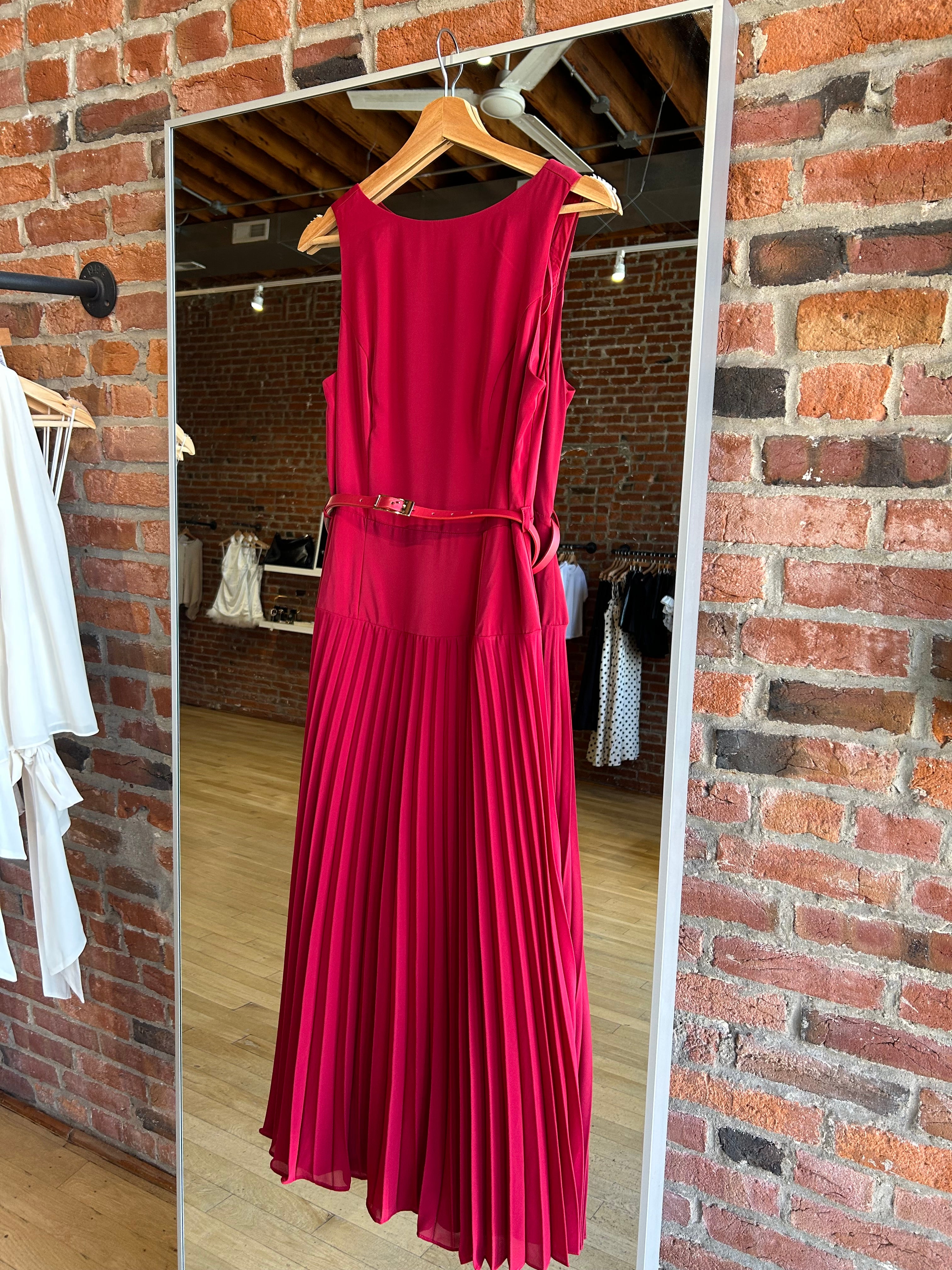 Kimberly Red Plissé Belted Midi Dress