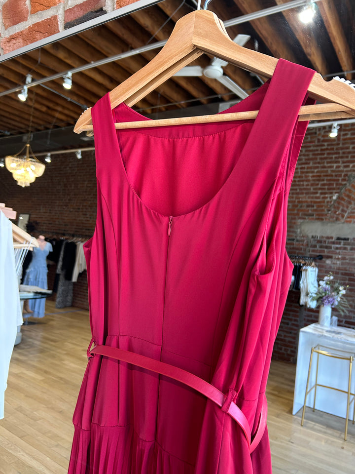 Kimberly Red Plissé Belted Midi Dress