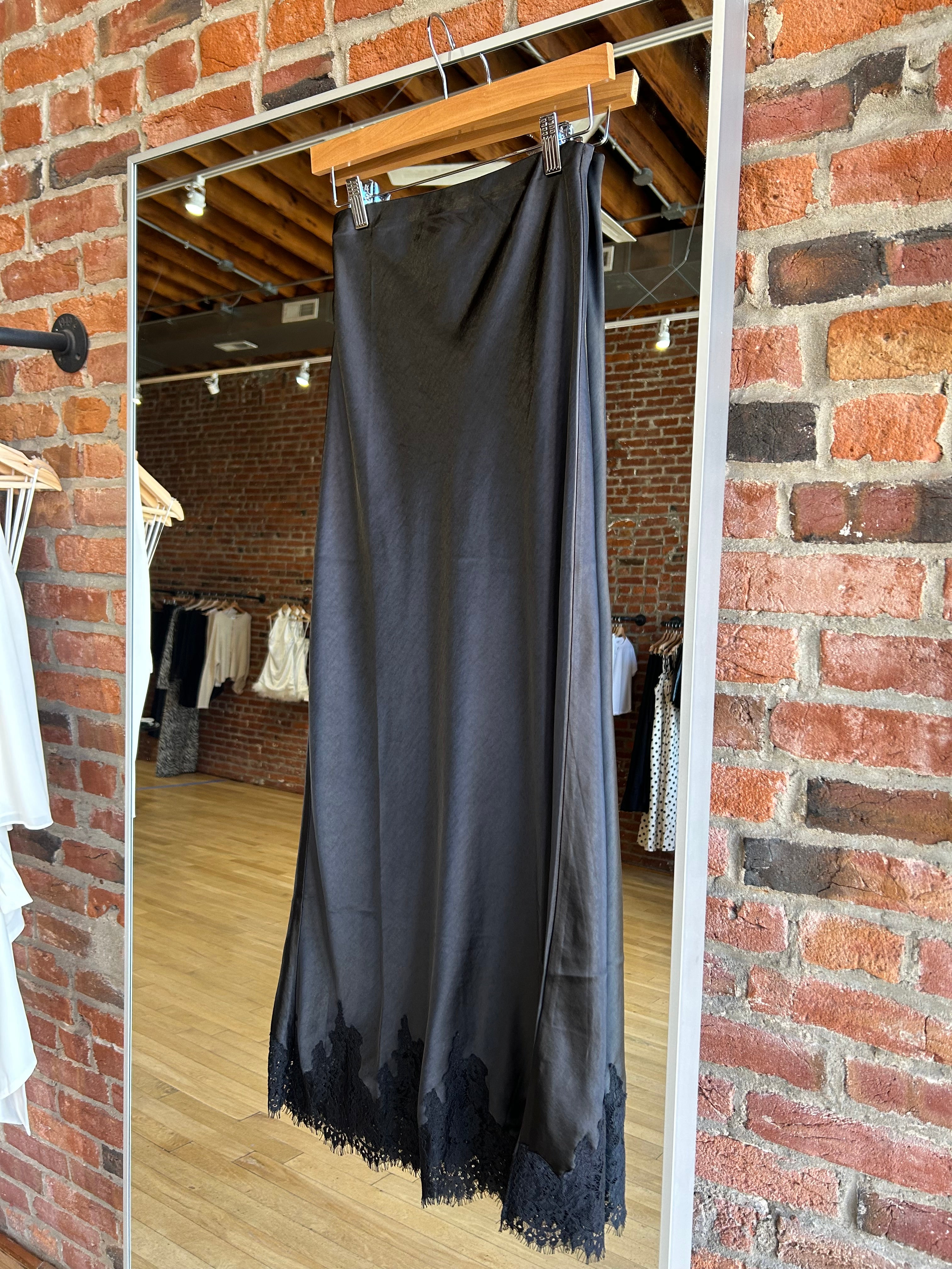 Cynthia Black Satin Lace Trim Midi Skirt