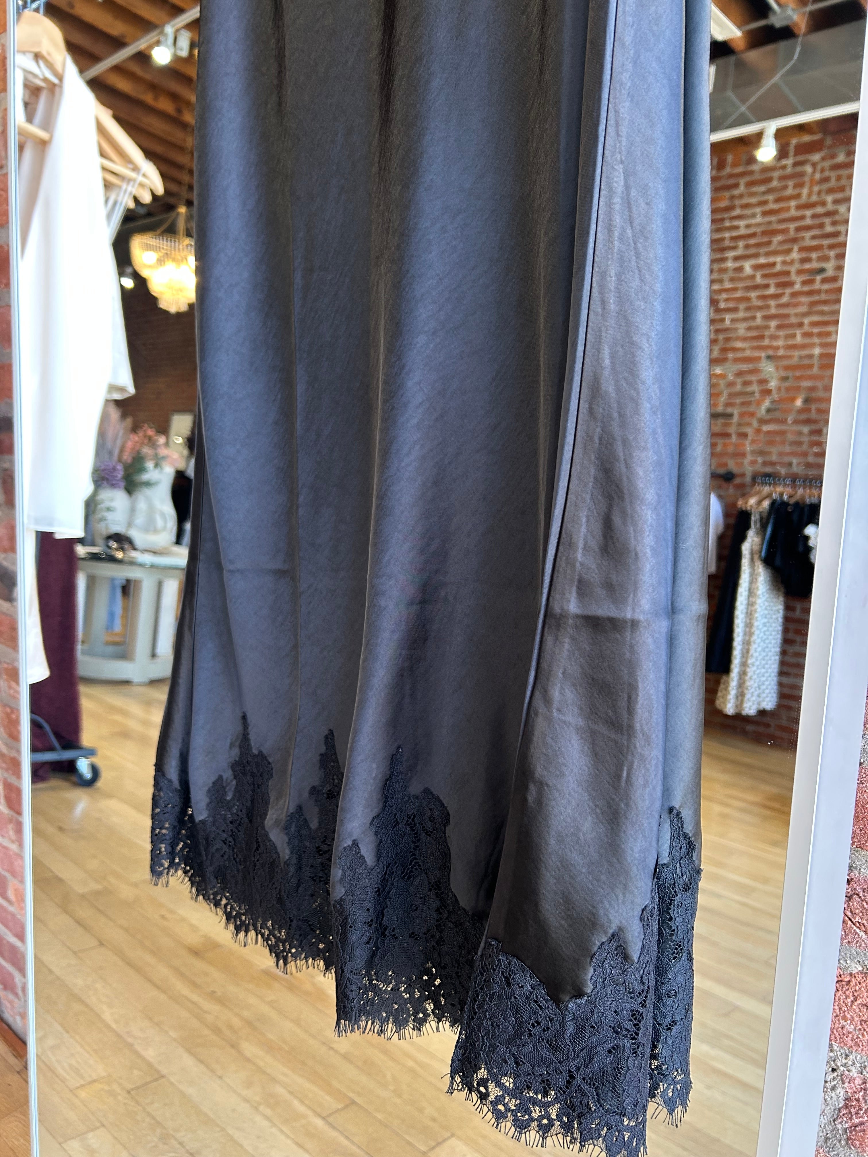 Cynthia Black Satin Lace Trim Midi Skirt