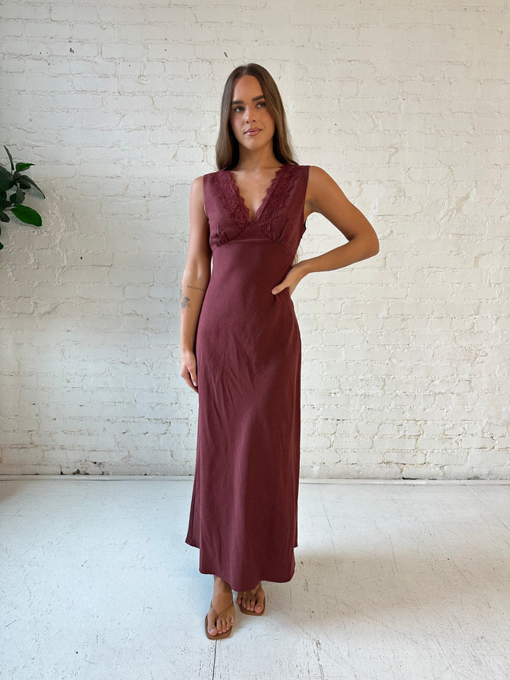 Mari Mahogany Lace Trim Midi Dress