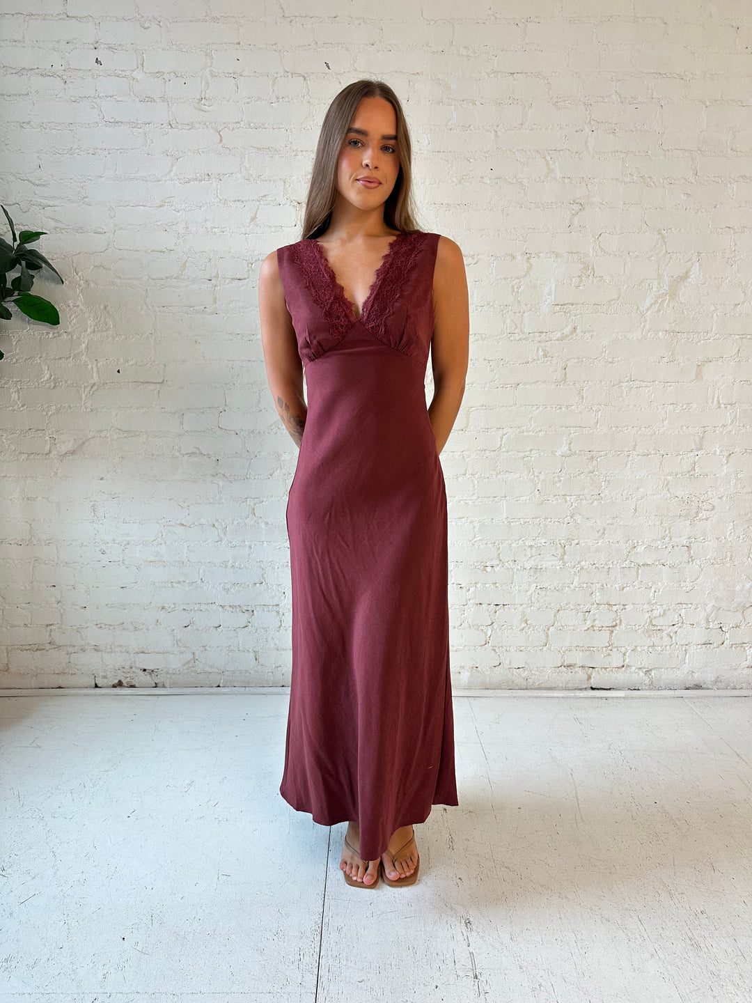 Mari Mahogany Lace Trim Midi Dress