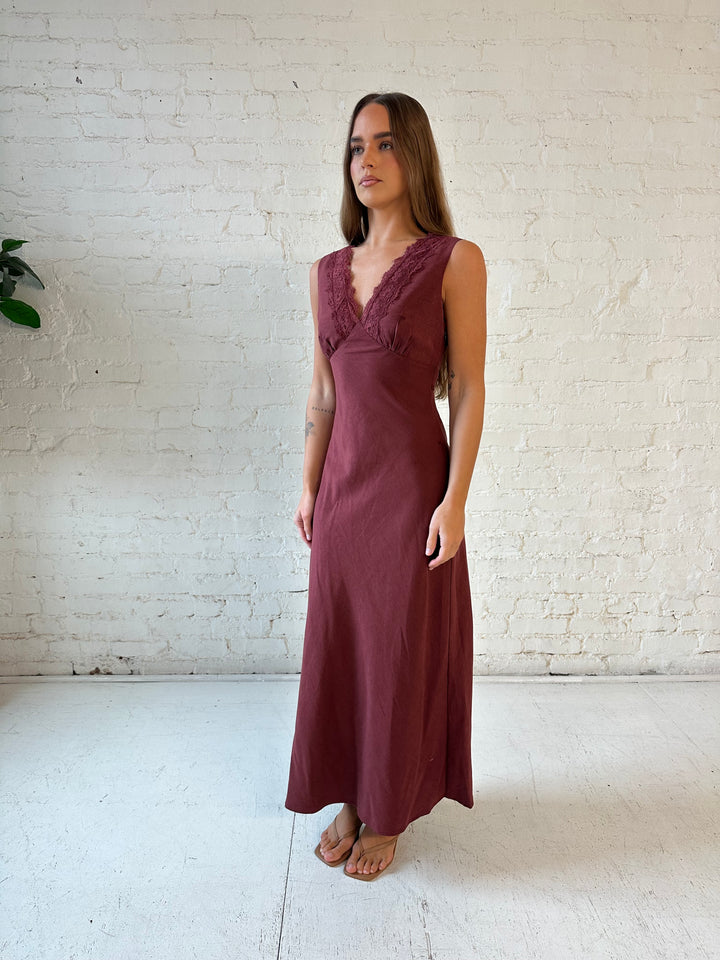 Mari Mahogany Lace Trim Midi Dress