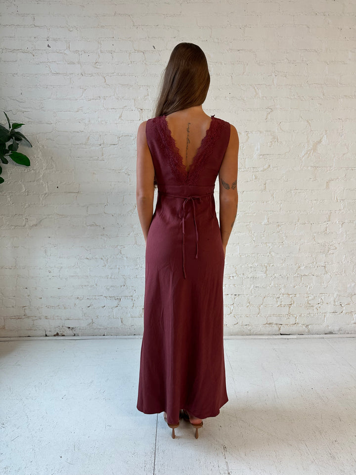 Mari Mahogany Lace Trim Midi Dress