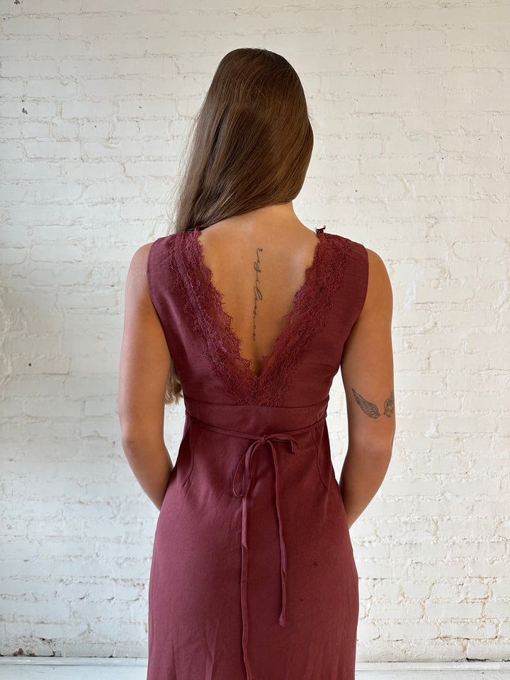 Mari Mahogany Lace Trim Midi Dress