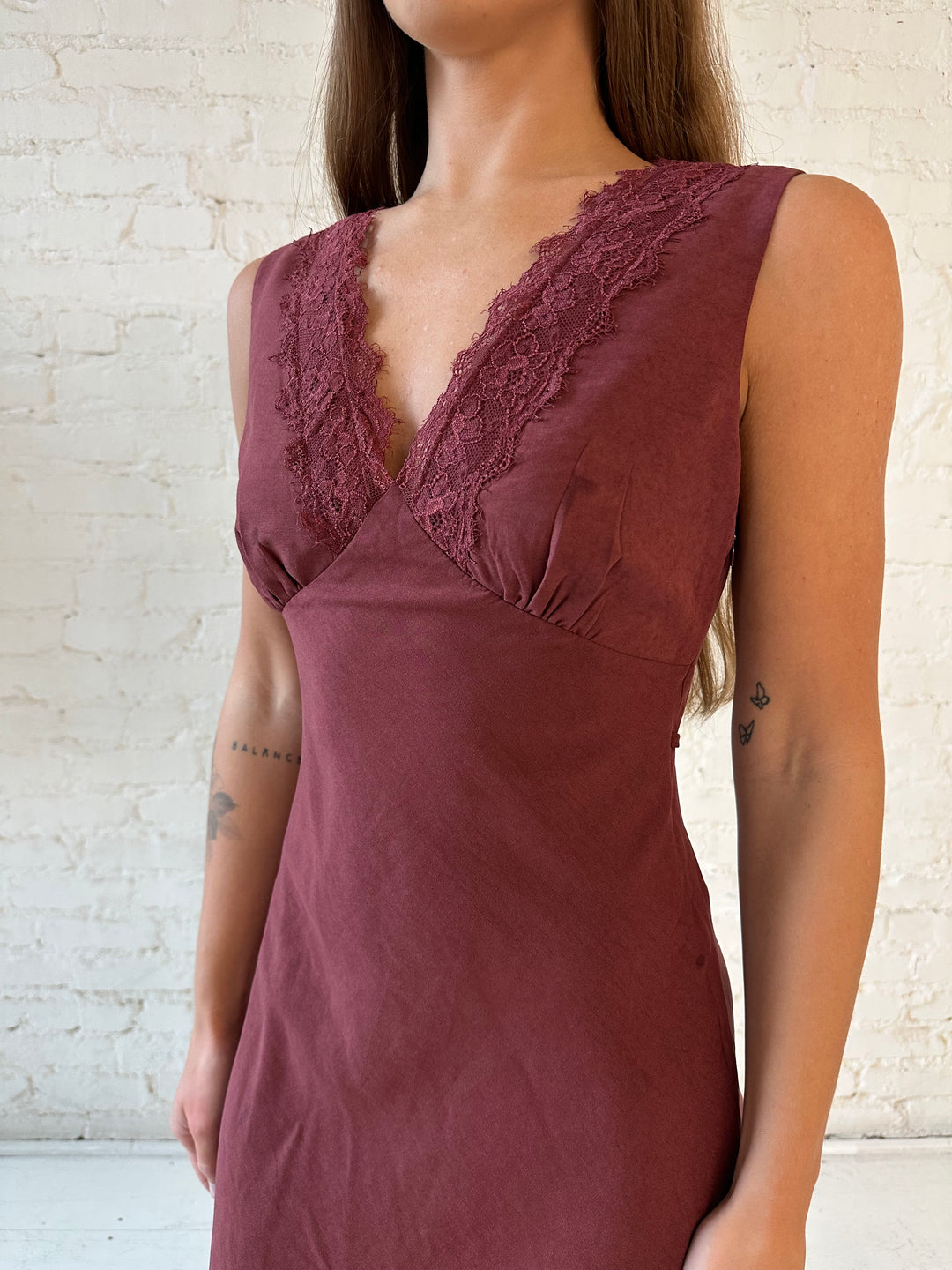 Mari Mahogany Lace Trim Midi Dress