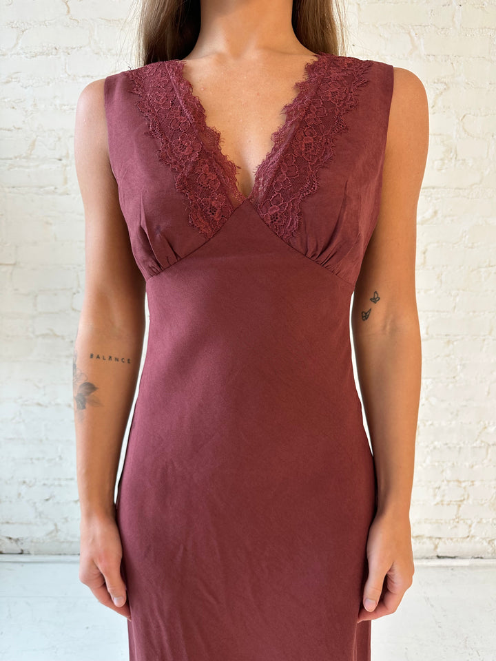 Mari Mahogany Lace Trim Midi Dress