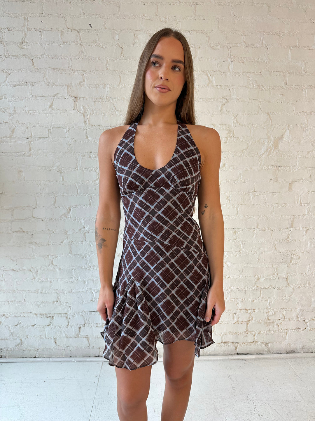 Victoria Brown Plaid Halter Mini Dress