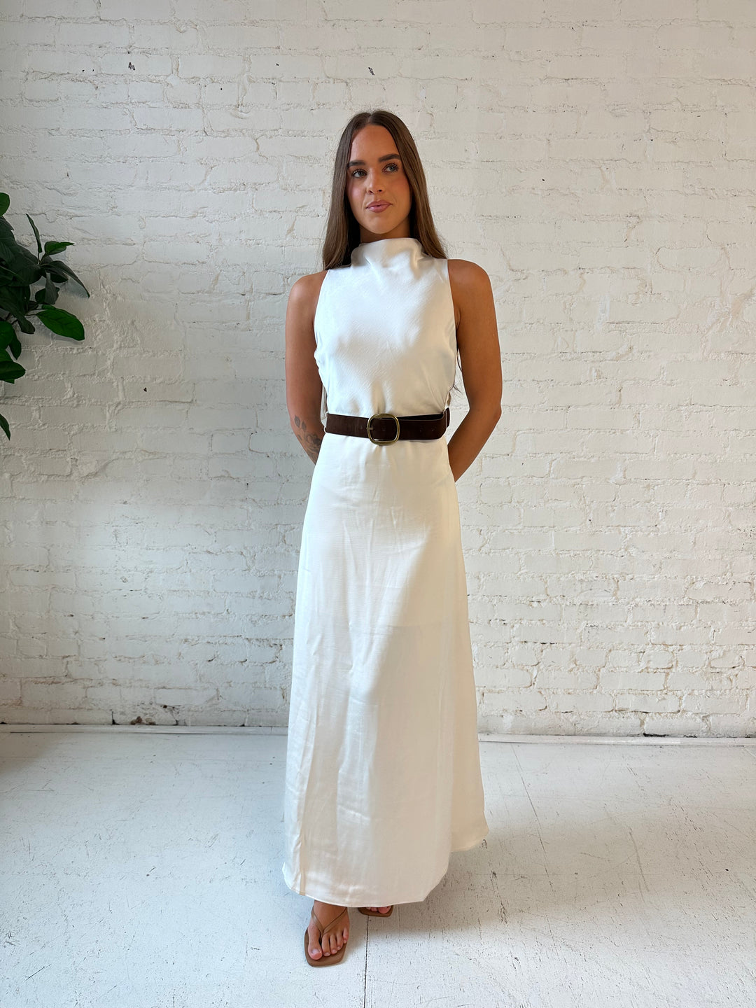 Lillian Champagne Satin Belted Maxi Dress
