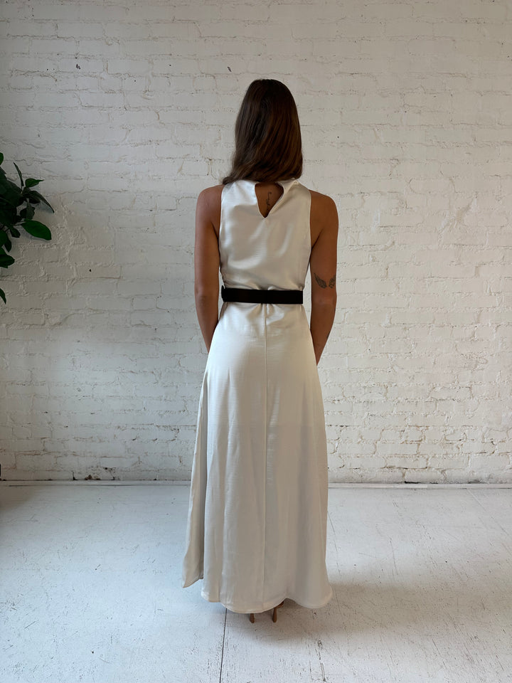 Lillian Champagne Satin Belted Maxi Dress