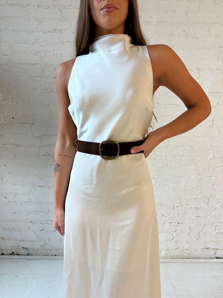 Lillian Champagne Satin Belted Maxi Dress
