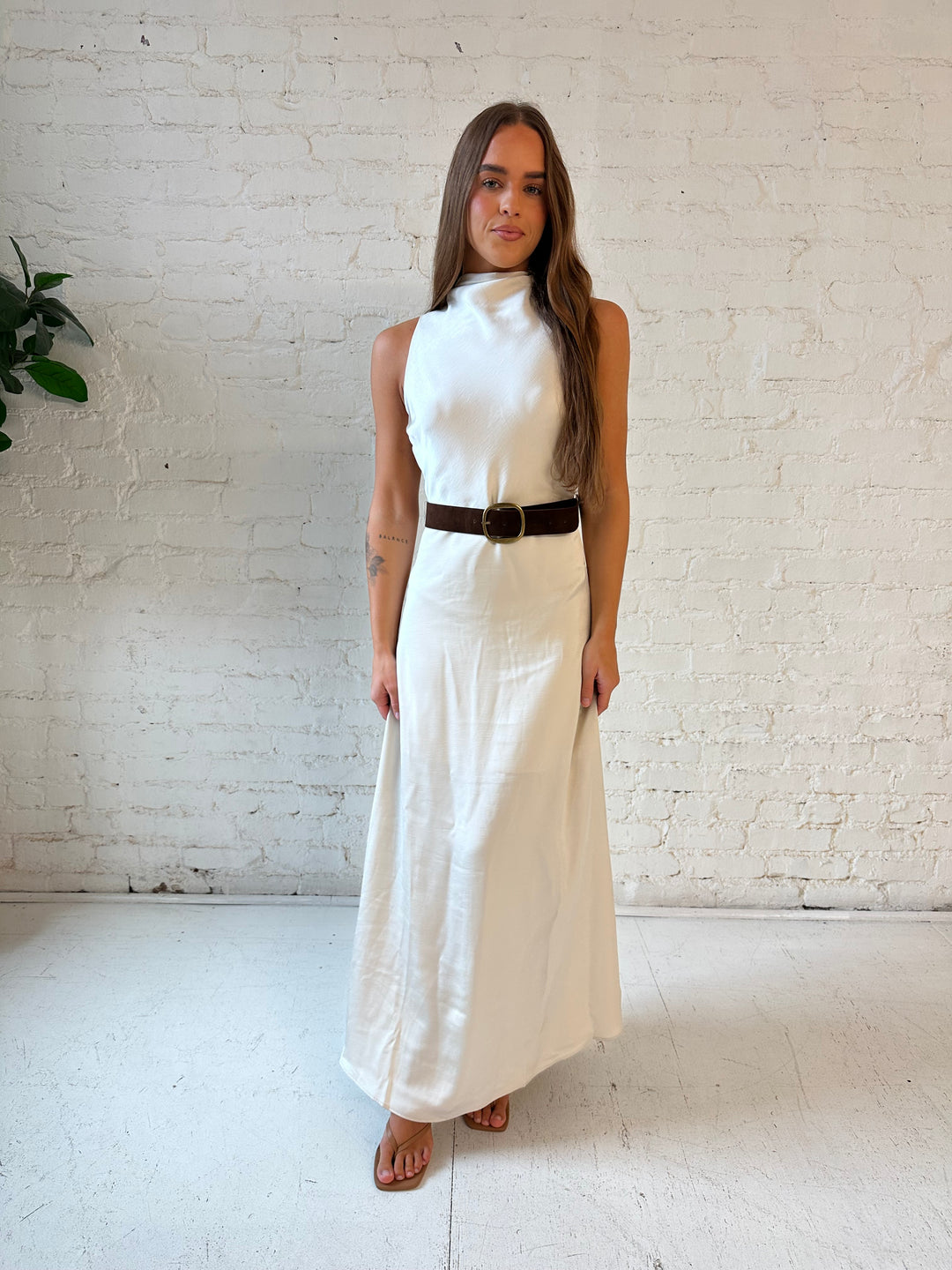 Lillian Champagne Satin Belted Maxi Dress