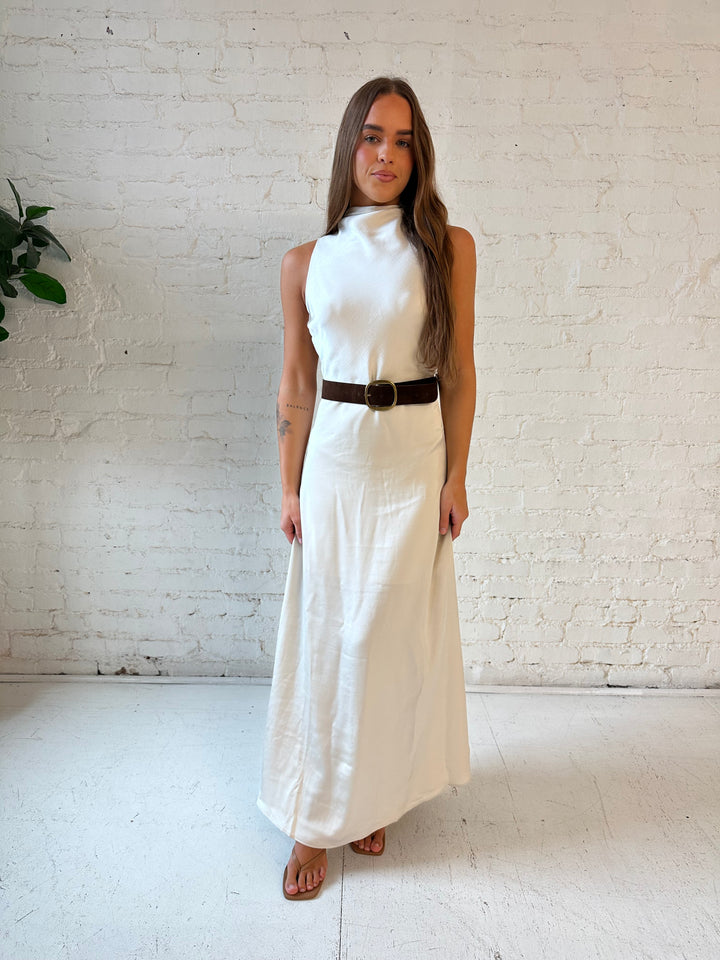 Lillian Champagne Satin Belted Maxi Dress