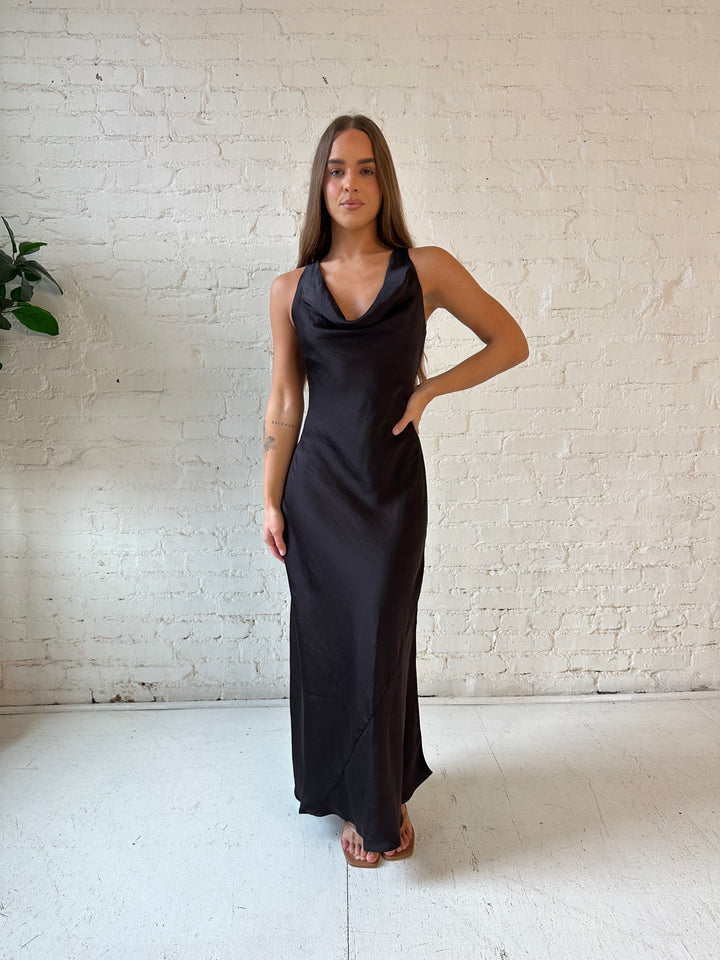 Audrey Dark Brown Cowl Neck Maxi Dress