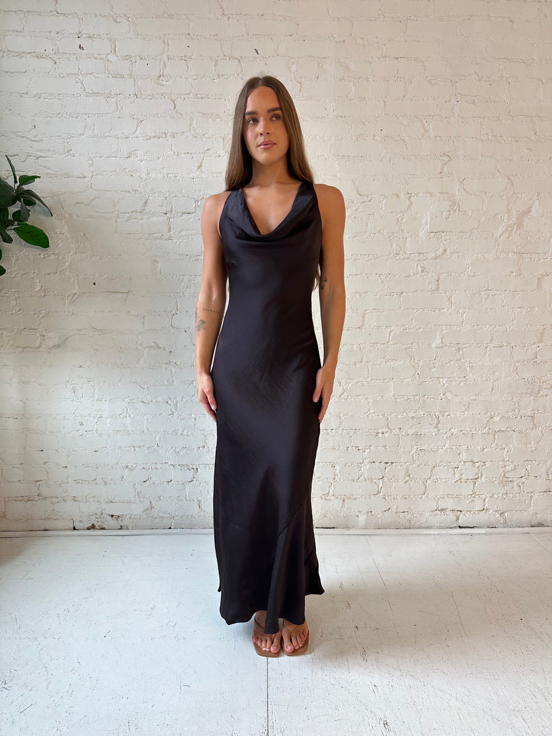 Audrey Dark Brown Cowl Neck Maxi Dress