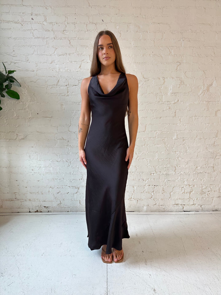 Audrey Dark Brown Cowl Neck Maxi Dress