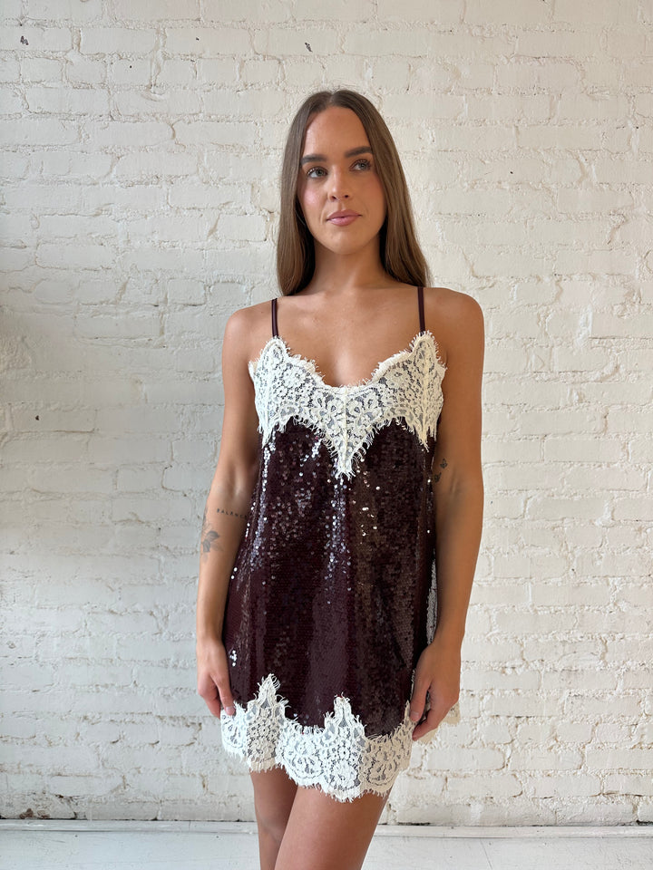 Greer Burgundy Sequin Lace Trim Mini Dress