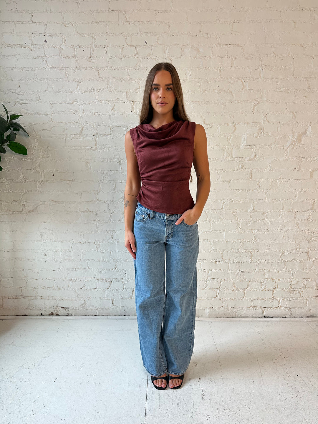 Rachel Wine Suede Cowl Neck Top