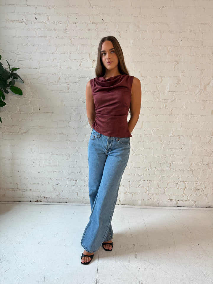 Rachel Wine Suede Cowl Neck Top