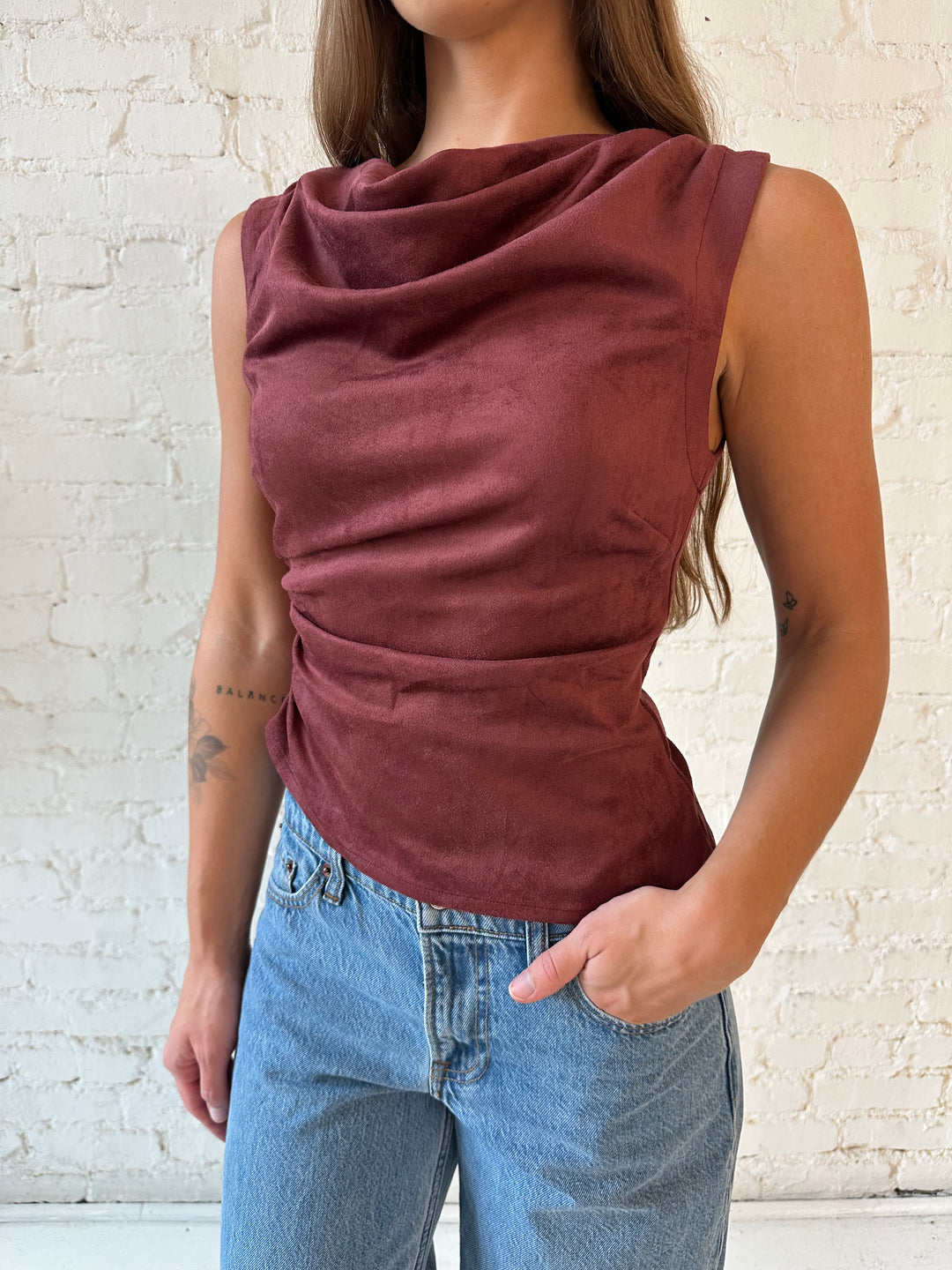 Rachel Wine Suede Cowl Neck Top