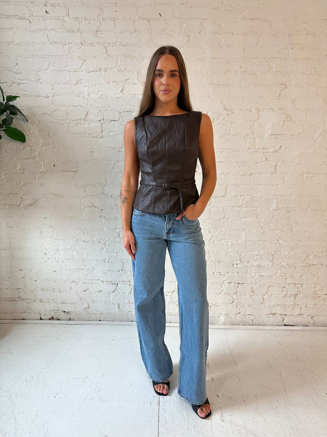 Estelle Brown Leather Belted Boat Neck Top