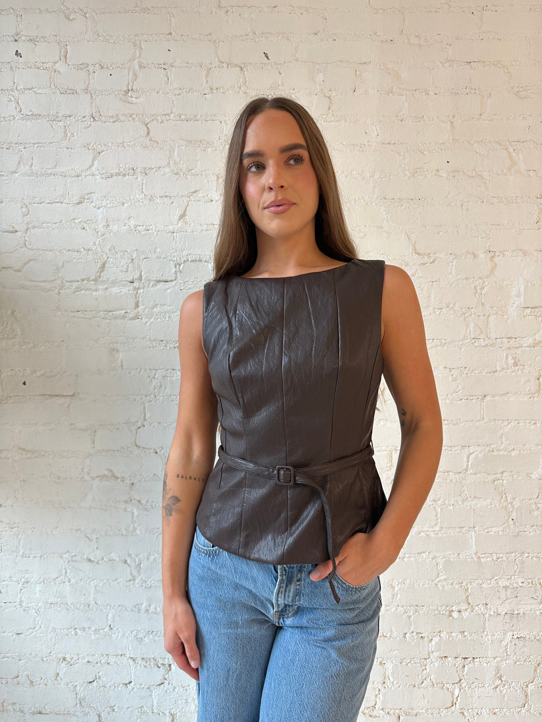 Estelle Brown Leather Belted Boat Neck Top