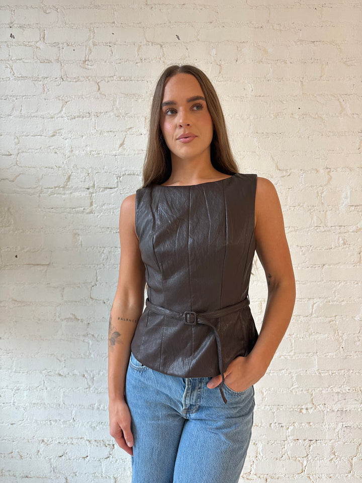 Estelle Brown Leather Belted Boat Neck Top