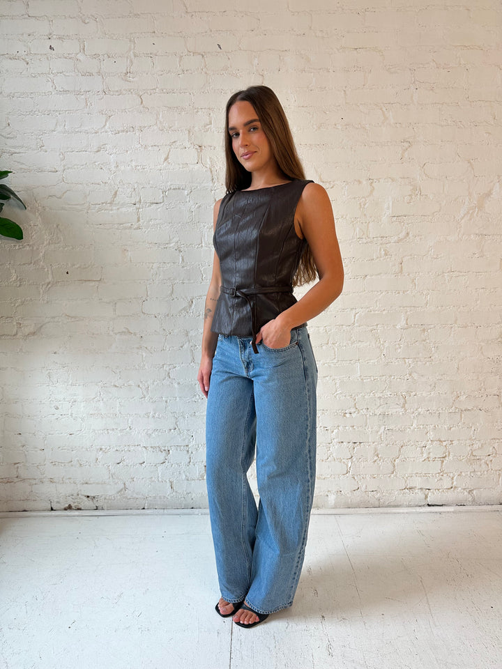 Estelle Brown Leather Belted Boat Neck Top