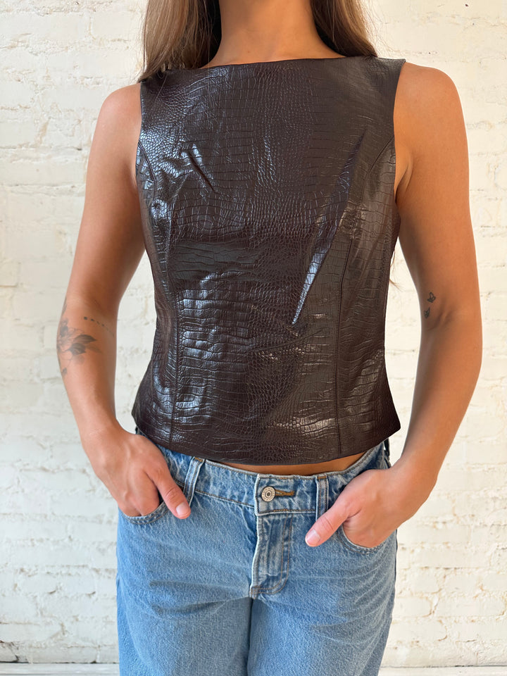 Margret Dark Brown Croc Leather Top