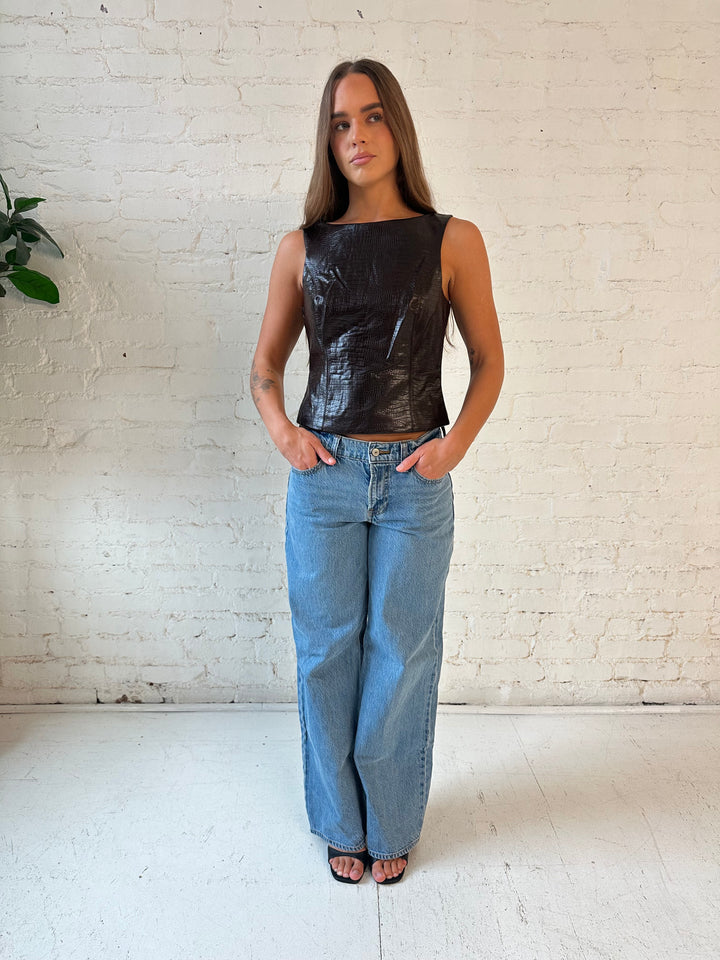 Margret Dark Brown Croc Leather Top