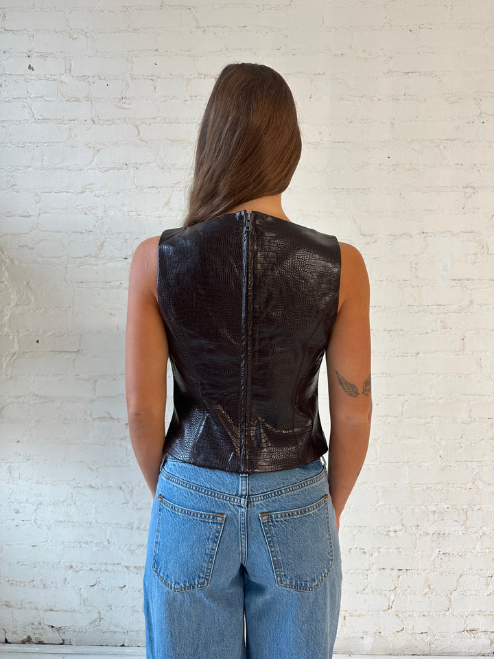 Margret Dark Brown Croc Leather Top