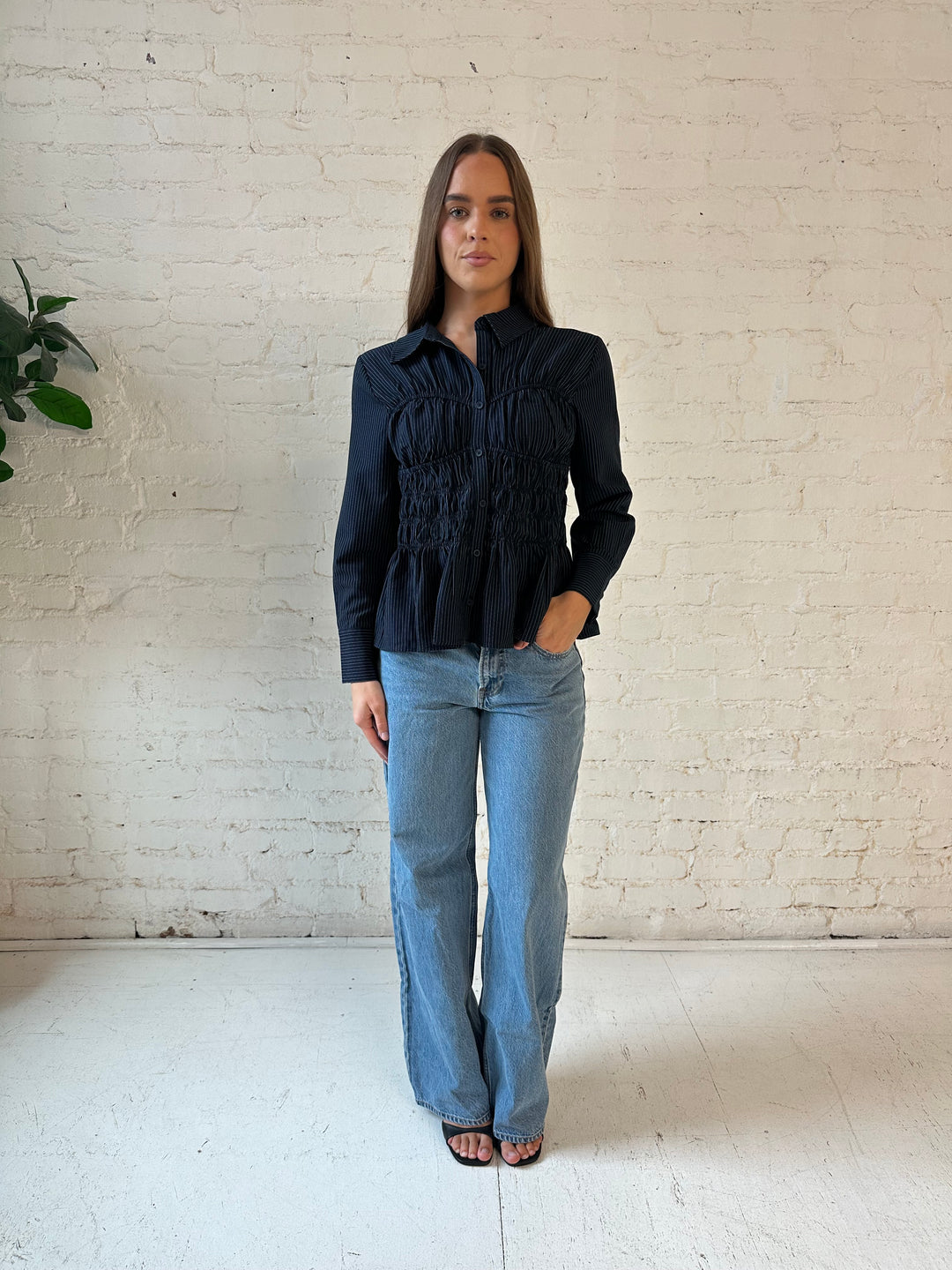 Cleo Navy Pinstripe Long Sleeve Peplum Top