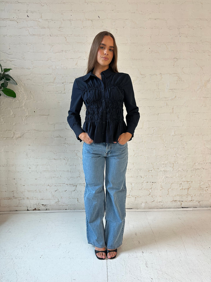 Cleo Navy Pinstripe Long Sleeve Peplum Top