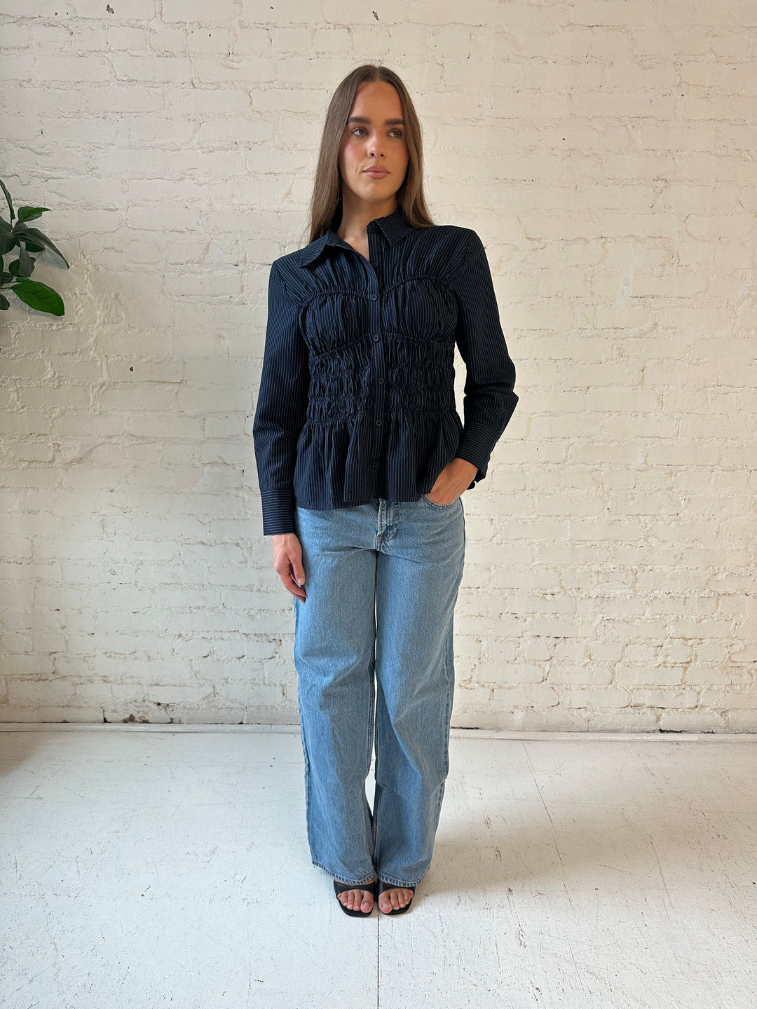 Cleo Navy Pinstripe Long Sleeve Peplum Top